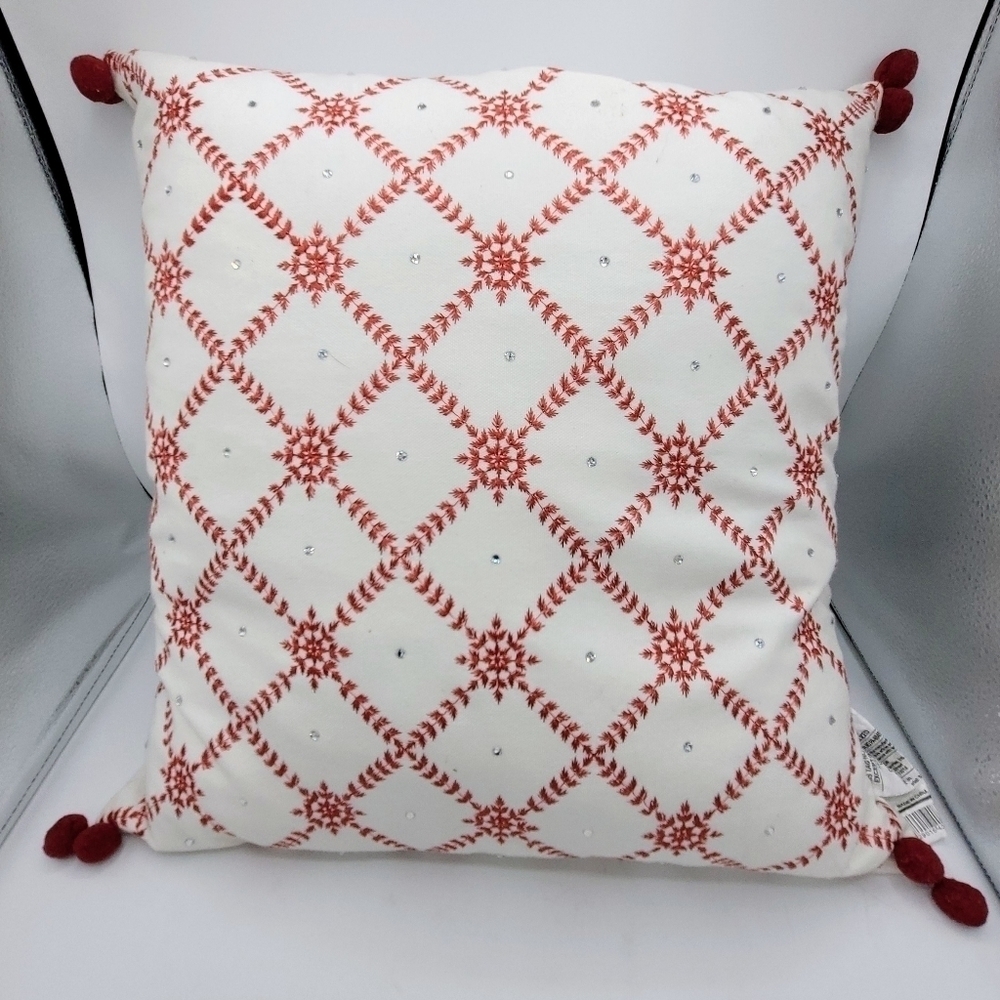 Enchanté Accessories White Red Embroidered Snowflakes Rhinestones Pompom Pillow